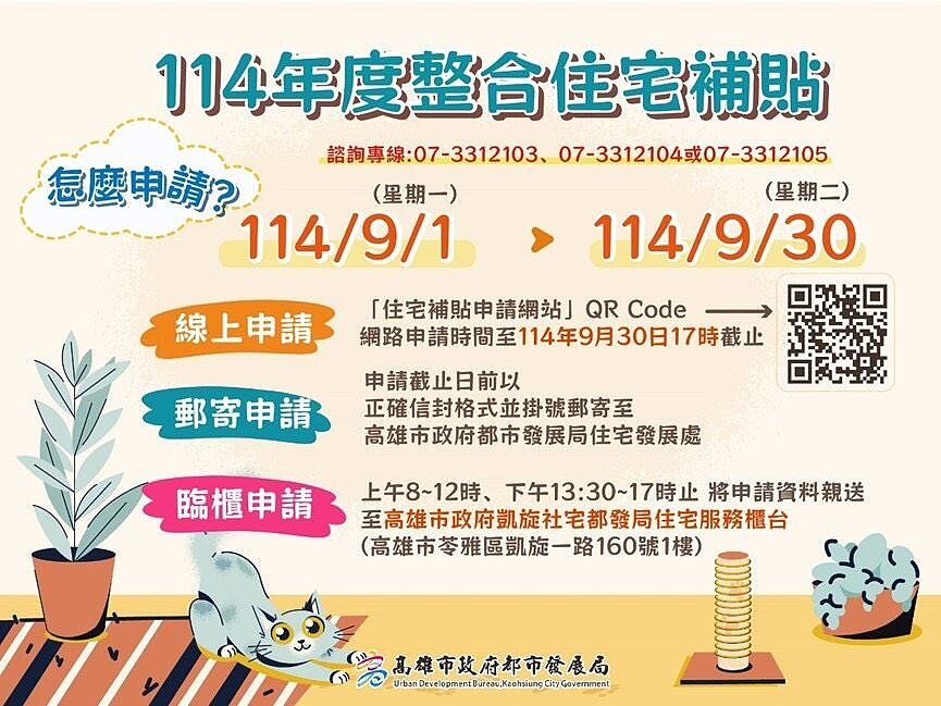 114年度自購住宅貸款利息補貼及修繕住宅貸款利息補貼,即日起至9月30日止受理申請。圖/高雄市都發局提供