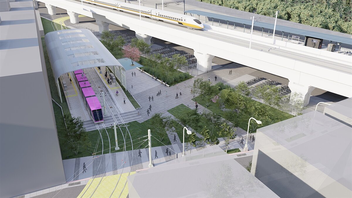 泰板輕軌F21站轉乘台鐵浮洲站僅30秒。圖/新北市捷運工程局提供