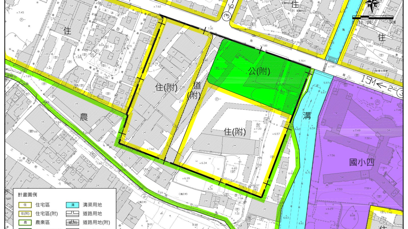 新莊高中一用地變更後主要計畫示意圖，除住宅區、道路用地，另規劃0.69公頃公園用地，後續將由體育處、交通局評估興建國民運動中心並共構停車場。圖／新北市政府城鄉發展局