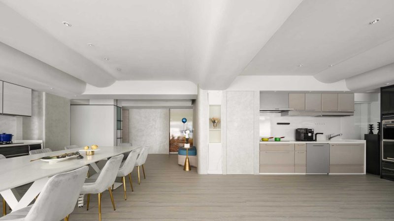 室內空間配置上捨棄傳統塞滿式的展售方式 以更為自由移動方式 呈現出美術館展覽場域型態，規劃出平面動線及架構 從外到內延伸的空間印象